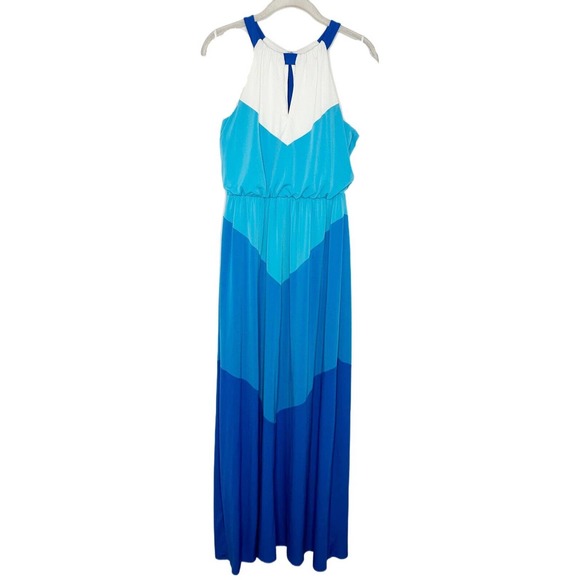 Vince Camuto Blue Chevron Maxi Dress Stretch Halter Sleeveless Sz 4 Color Block - Picture 1 of 9